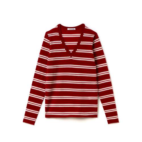 LACOSTE WOMENS WOMEN'S WOOL JERSEY STRIPED V-NECK SWEATER - TOKYO RED/FLOUR  online women clothes deals